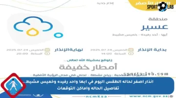 إنذار أصفر لحالة الطقس اليوم في أبها وأحد رفيدة وخميس مشيط.. تفاصيل الحالة وأماكن التوقعات